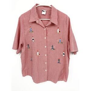 BonWorth Embroidered Lighthouse Red Check Shirt Short Sleeve Button Up Size L